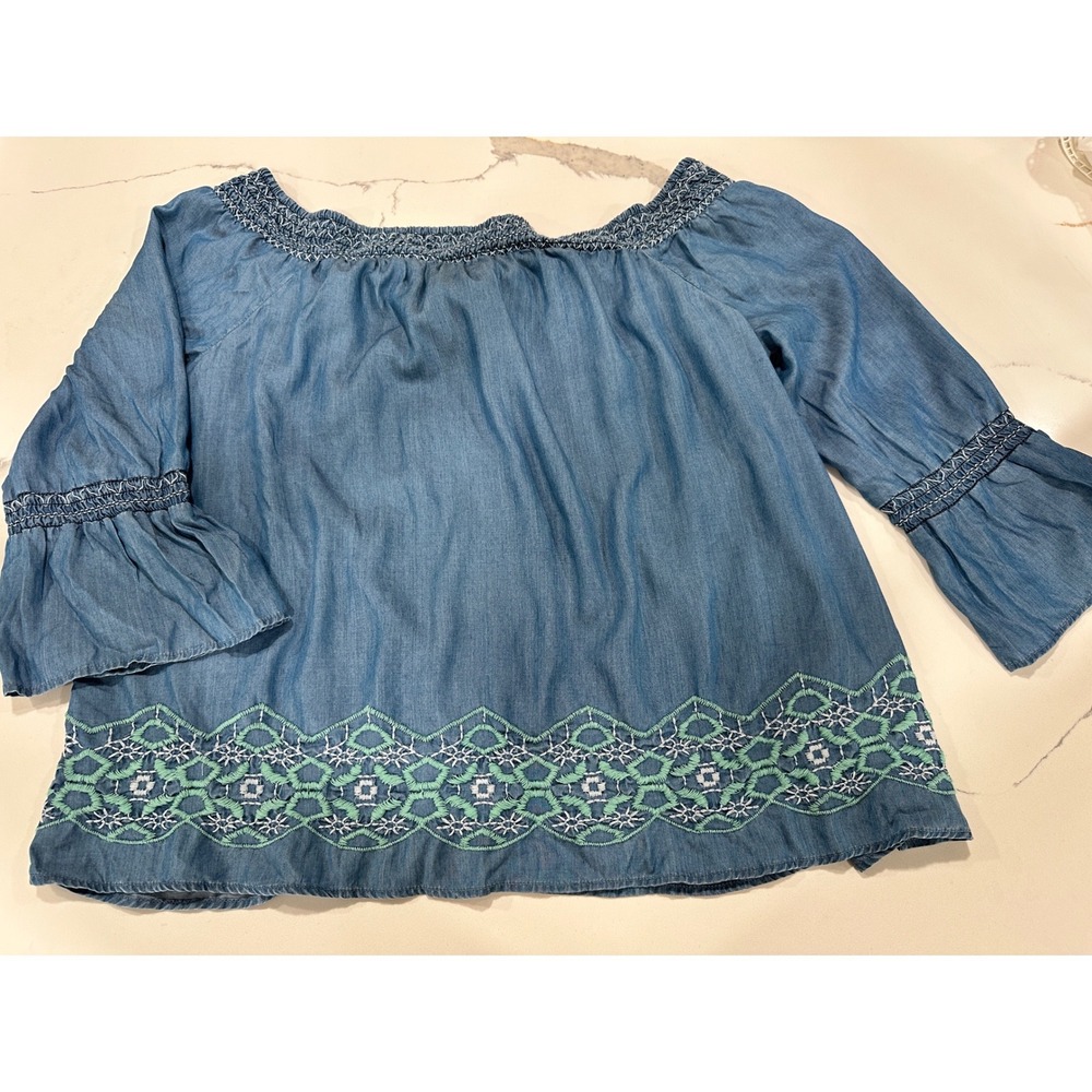 Crown & Ivy Womens XL Blue Tencel Embroidered Off Shoulder Bell Sleeve Top NWT